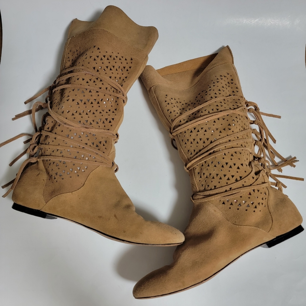 Madison Harding Tall Boots Suede Leather Laser Cut Fringe Camel Perforated 7.5